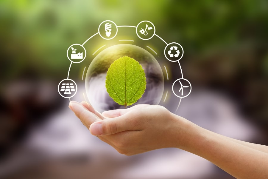 Hand holding leaf, with symbols for recycling and reneable energy around it.